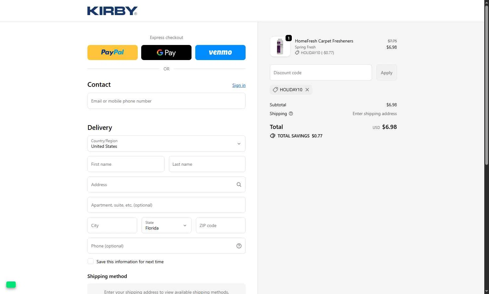 Kirby checkout page showing Kirby coupon code box | Screenshot taken by SimplyCodes community member on Dec 16, 2025