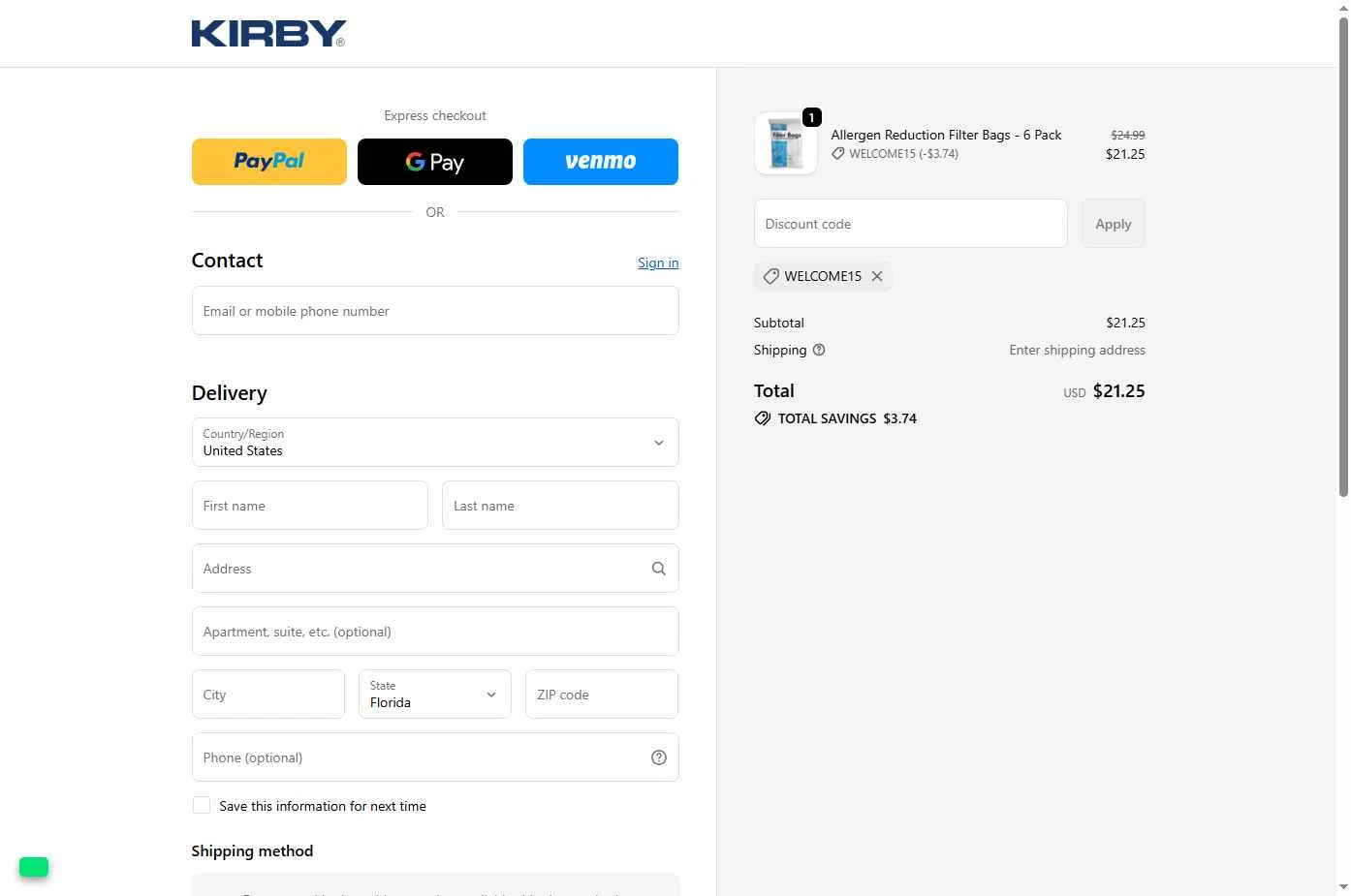 Kirby checkout page showing Kirby coupon code box | Screenshot taken by SimplyCodes community member on Dec 2, 2025