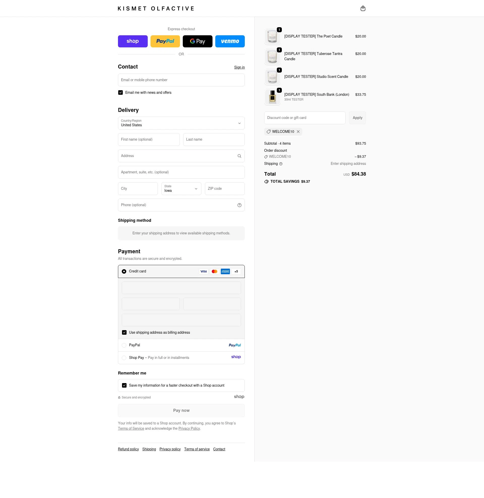 Kismet Olfactive checkout page showing Kismet Olfactive discount code box | Screenshot taken by SimplyCodes community member on Nov 30, 2025