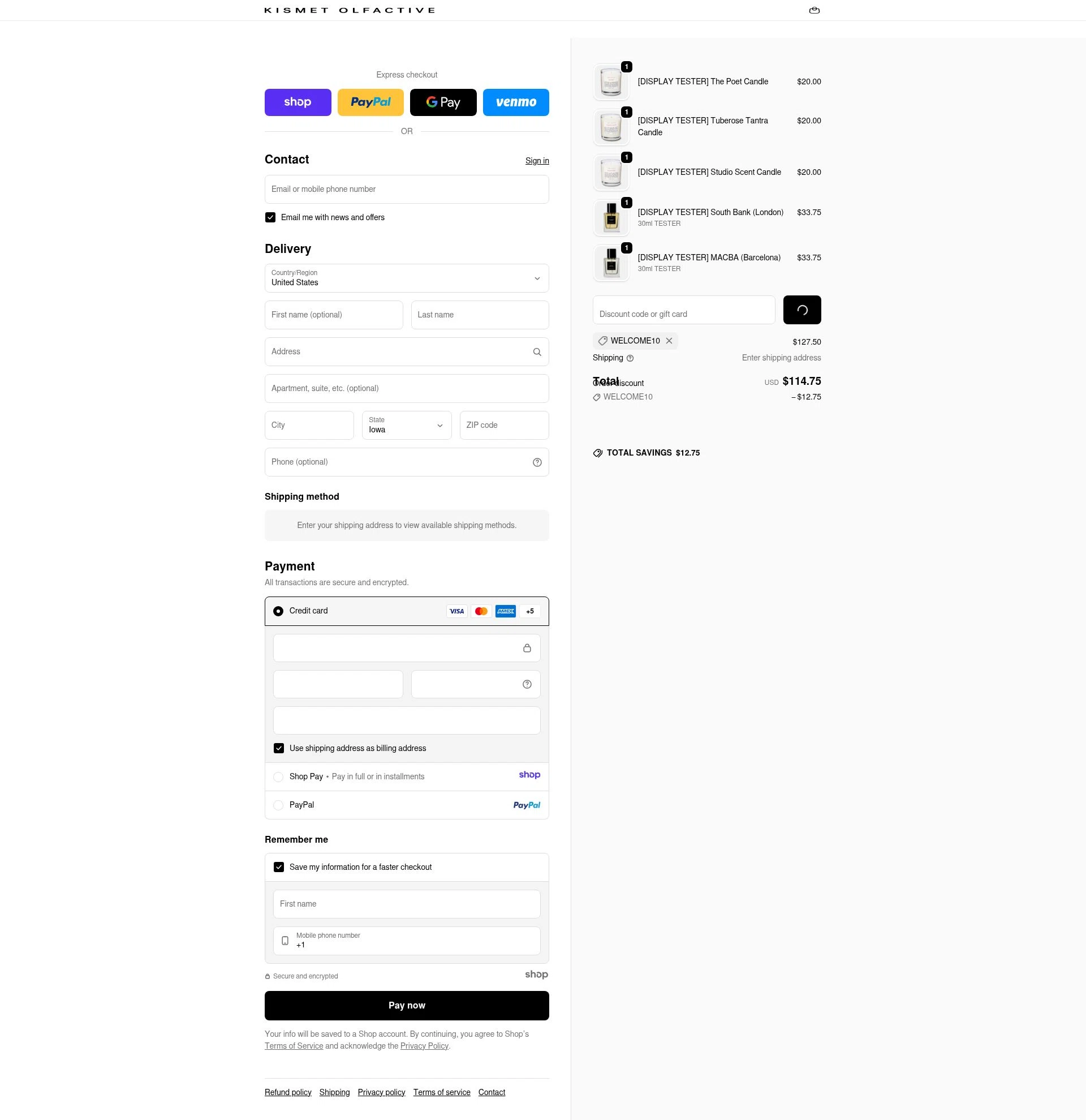 Kismet Olfactive checkout page showing Kismet Olfactive discount code box | Screenshot taken by SimplyCodes community member on Dec 18, 2025