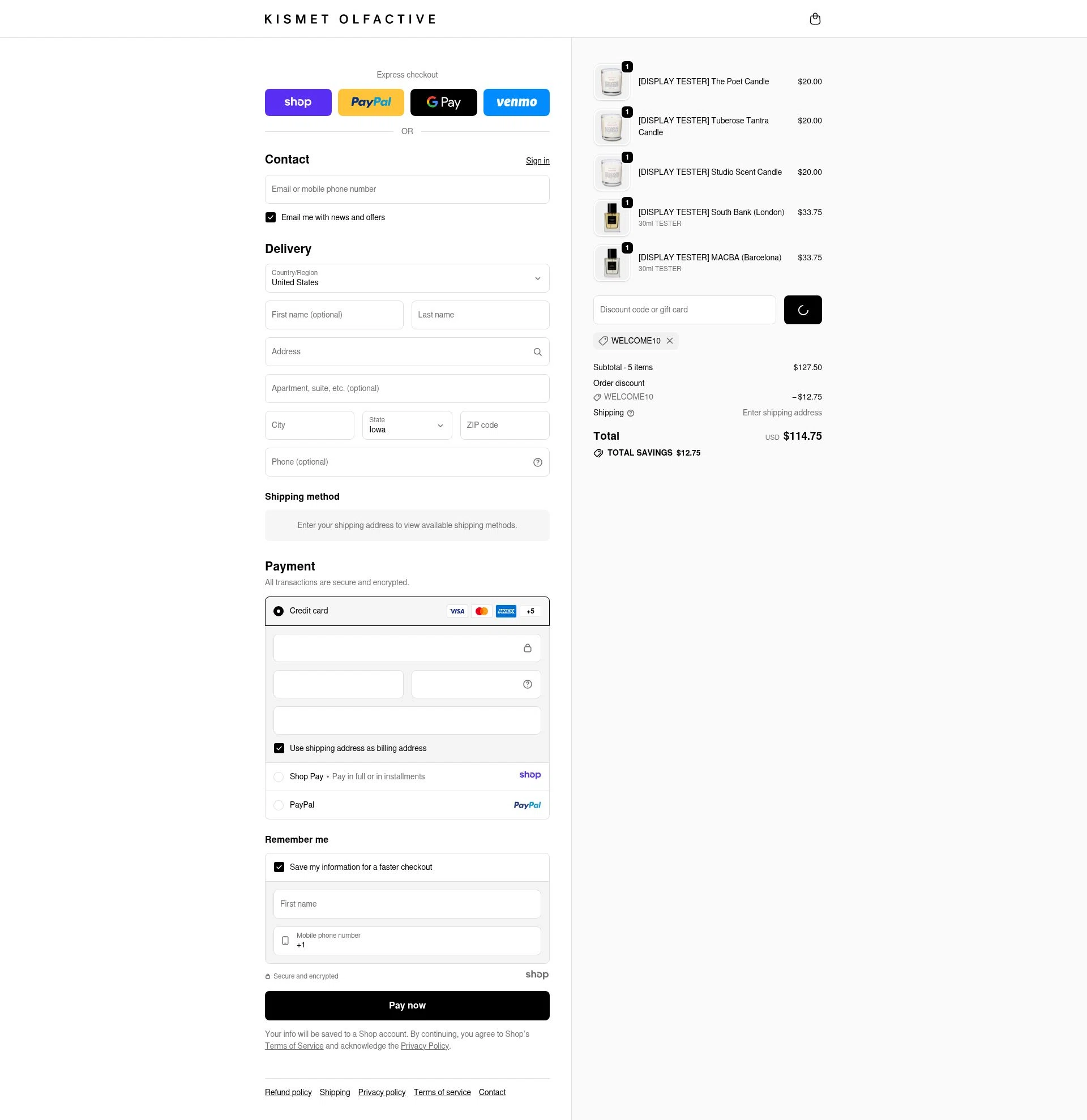 Kismet Olfactive checkout page showing Kismet Olfactive discount code box | Screenshot taken by SimplyCodes community member on Dec 24, 2025