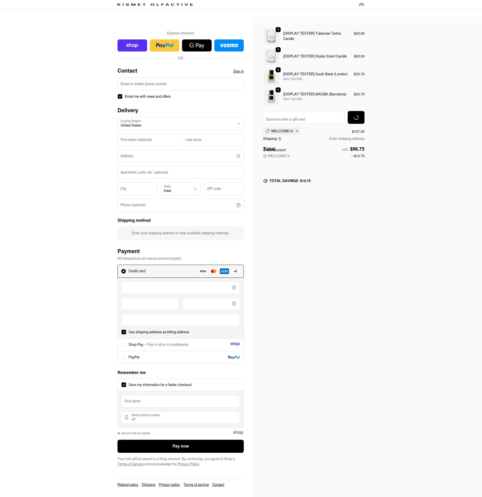 Kismet Olfactive checkout page showing Kismet Olfactive discount code box | Screenshot taken by SimplyCodes community member on Jan 3, 2026