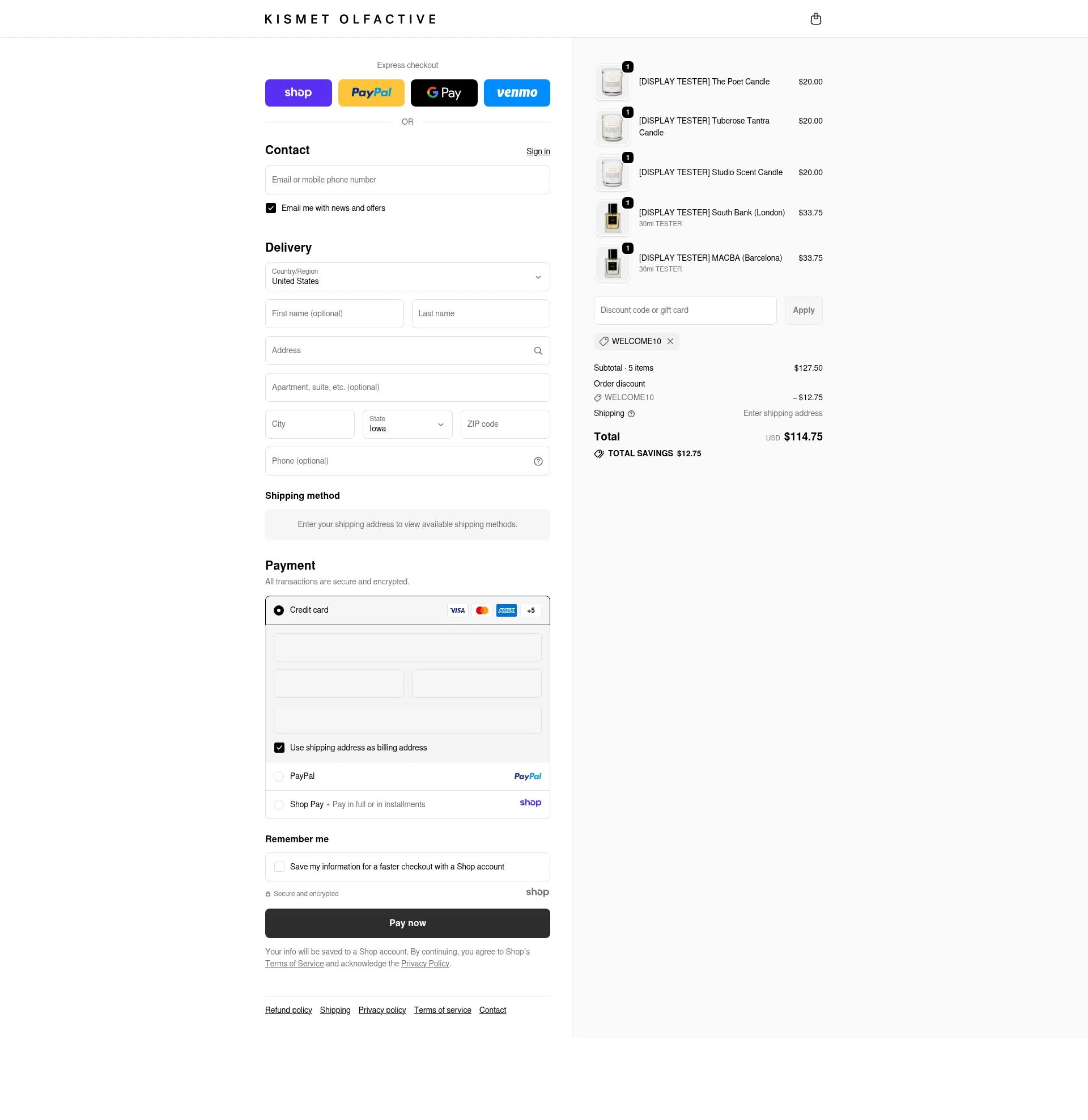 Kismet Olfactive checkout page showing Kismet Olfactive discount code box | Screenshot taken by SimplyCodes community member on Dec 6, 2025