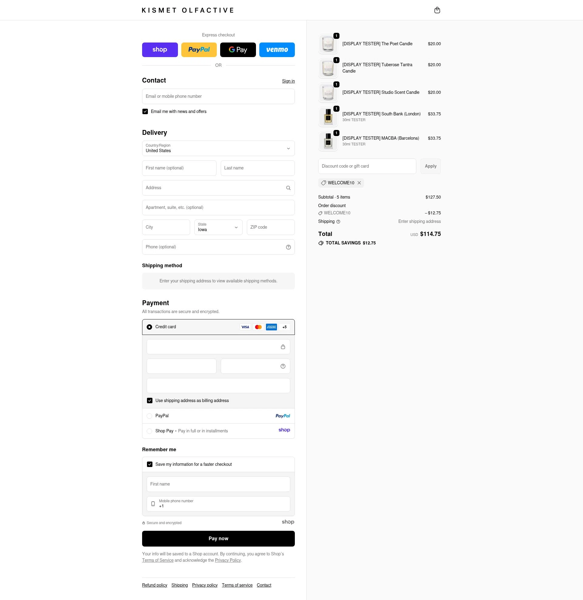 Kismet Olfactive checkout page showing Kismet Olfactive discount code box | Screenshot taken by SimplyCodes community member on Dec 12, 2025