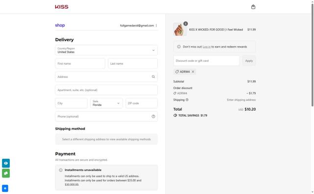 Kiss checkout page showing Kiss promo code box | Screenshot taken by SimplyCodes community member on Sep 14, 2025