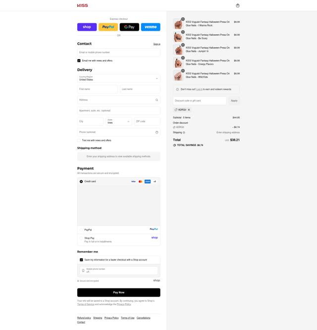 Kiss checkout page showing Kiss promo code box | Screenshot taken by SimplyCodes community member on Sep 12, 2025