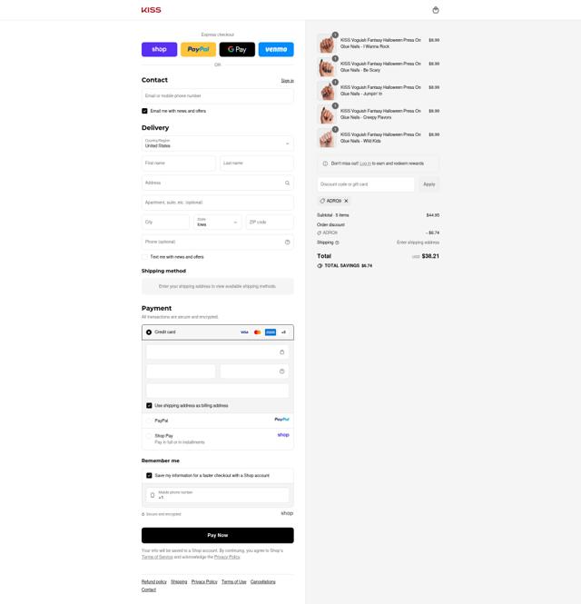 Kiss checkout page showing Kiss promo code box | Screenshot taken by SimplyCodes community member on Sep 12, 2025