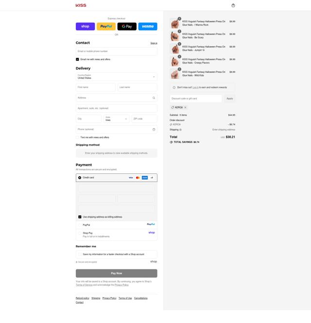 Kiss checkout page showing Kiss promo code box | Screenshot taken by SimplyCodes community member on Sep 12, 2025