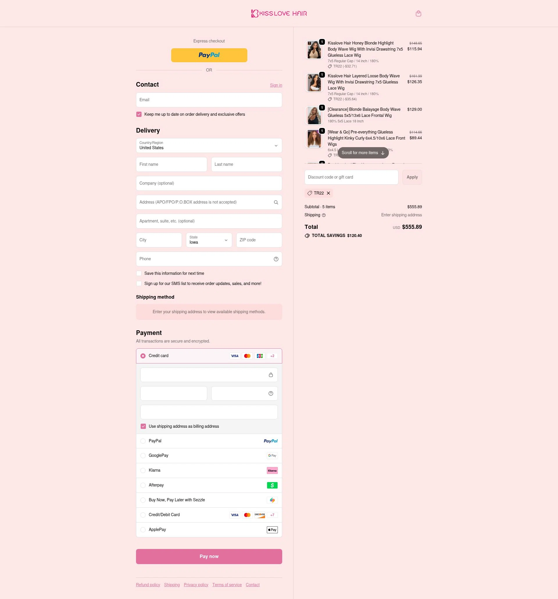 KissLove Hair checkout page showing KissLove Hair promo code box | Screenshot taken by SimplyCodes community member on Feb 16, 2026