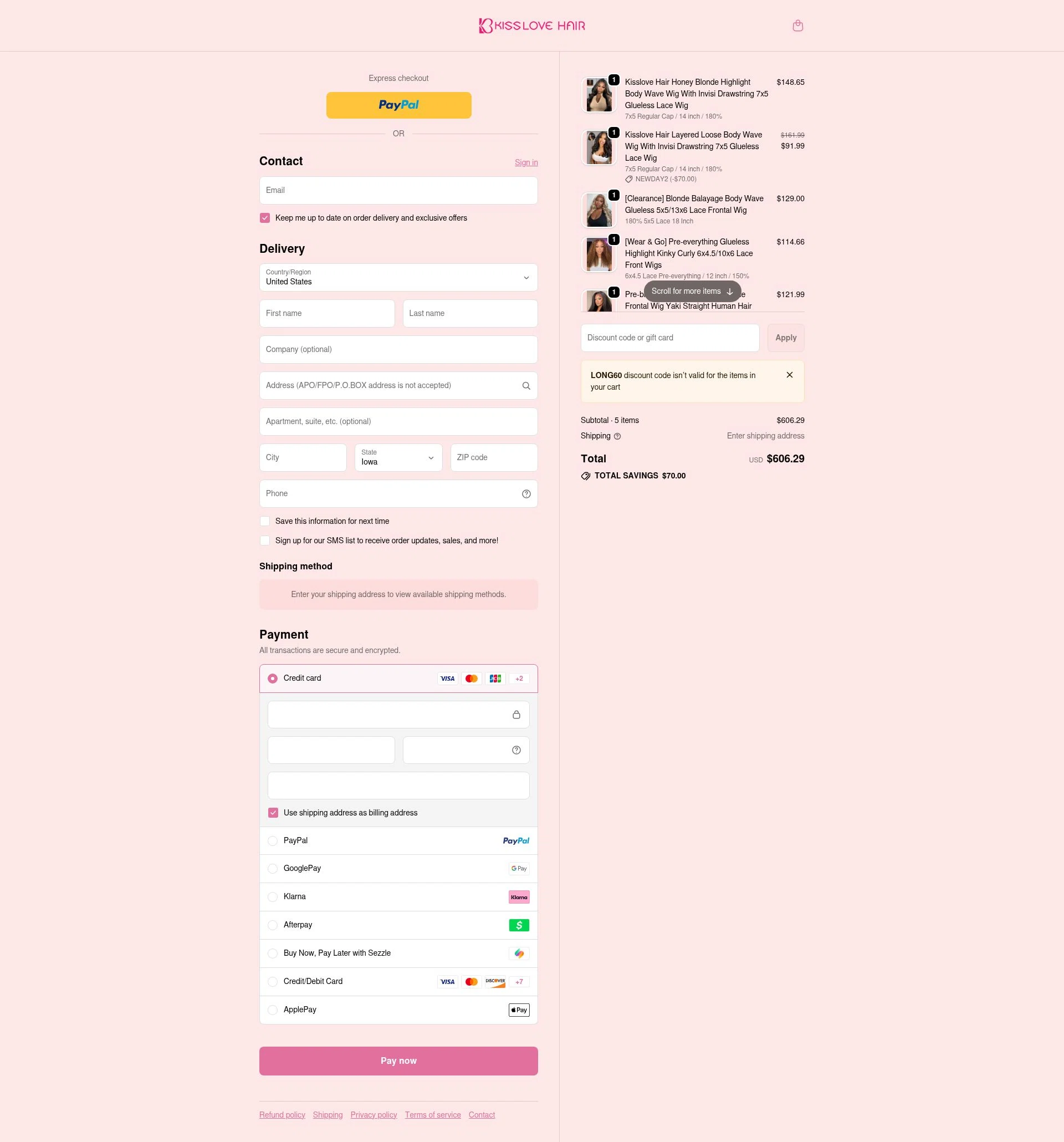 KissLove Hair checkout page showing KissLove Hair promo code box | Screenshot taken by SimplyCodes community member on Feb 16, 2026