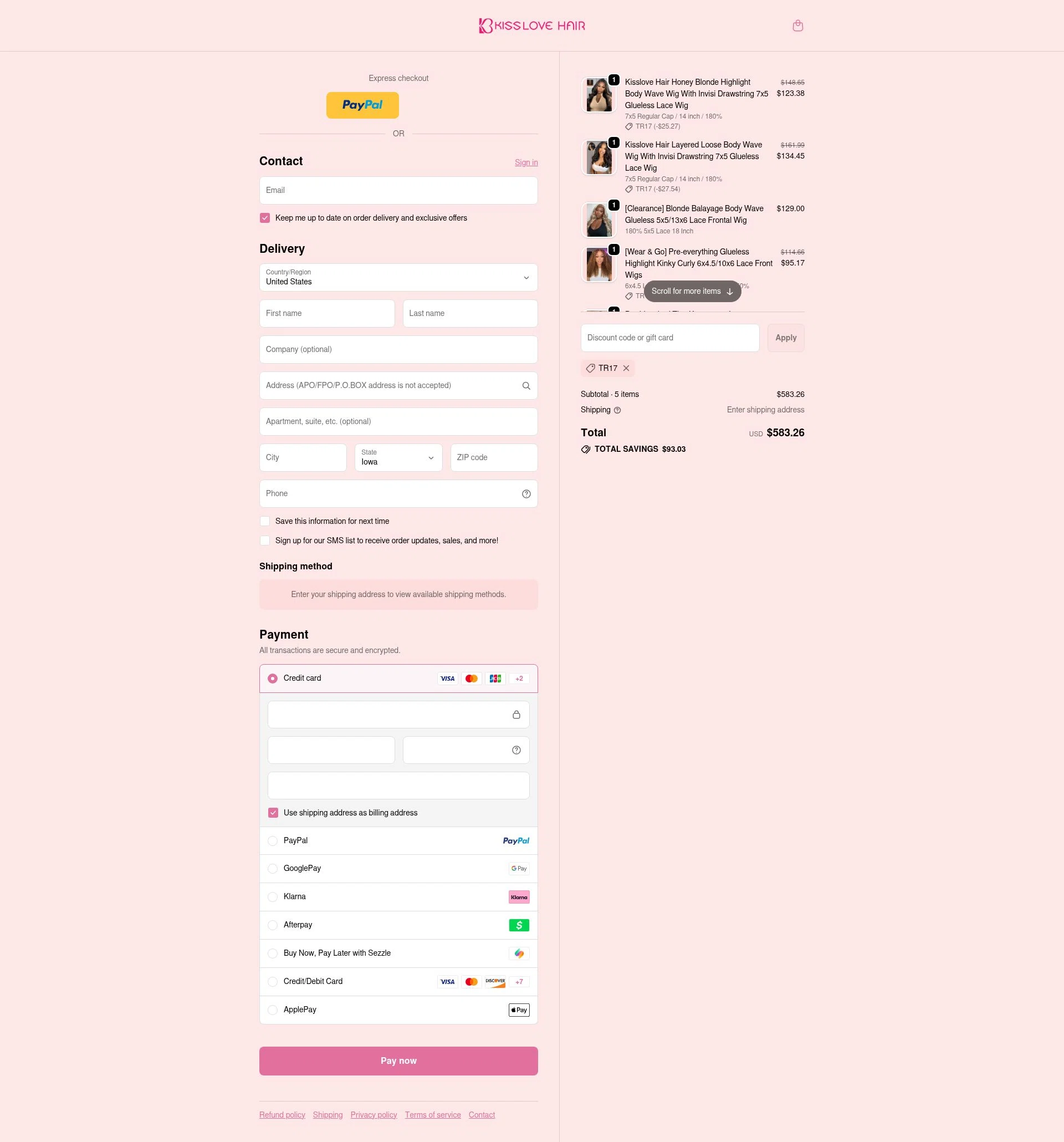 KissLove Hair checkout page showing KissLove Hair promo code box | Screenshot taken by SimplyCodes community member on Feb 16, 2026