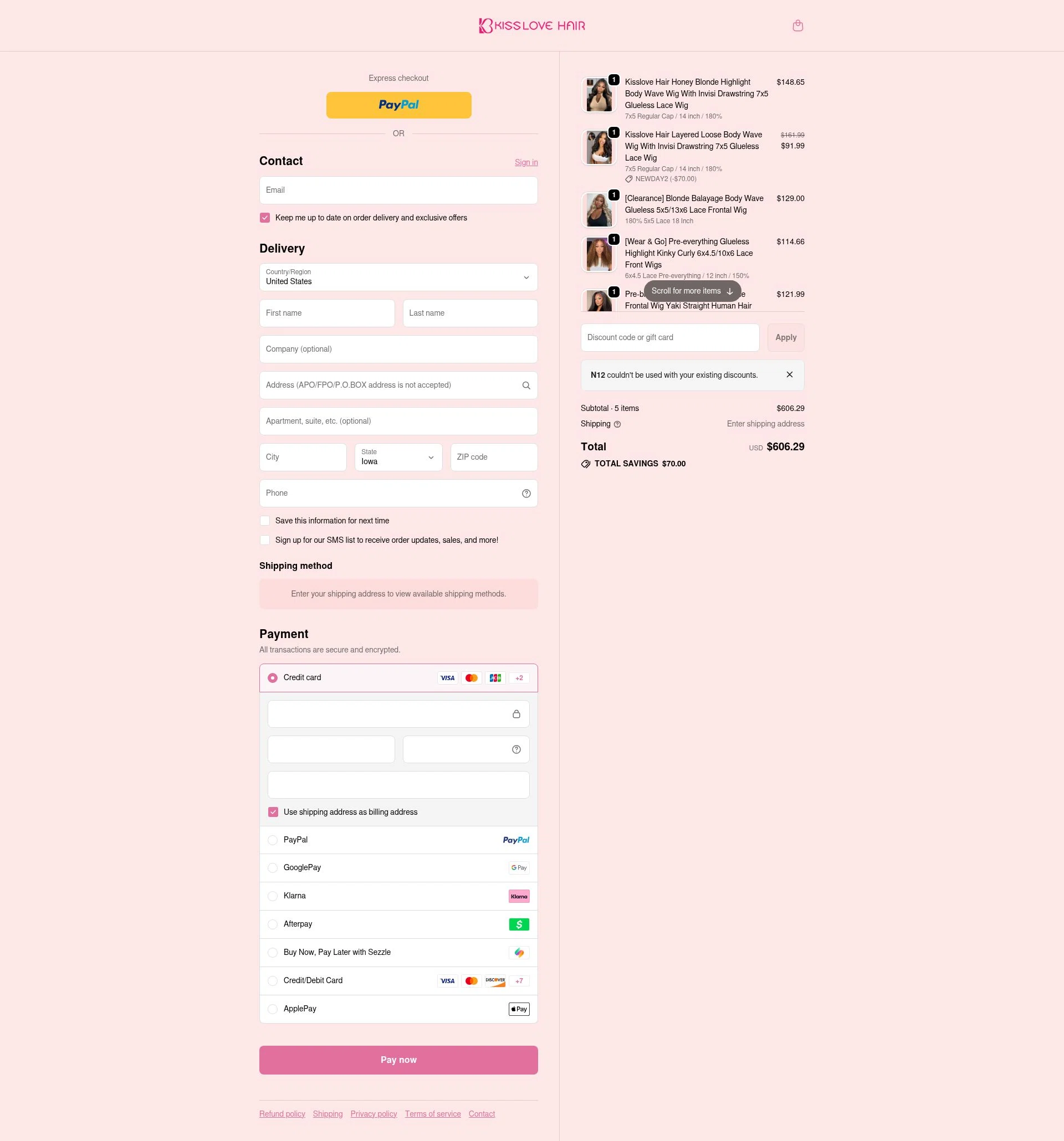 KissLove Hair checkout page showing KissLove Hair promo code box | Screenshot taken by SimplyCodes community member on Feb 16, 2026