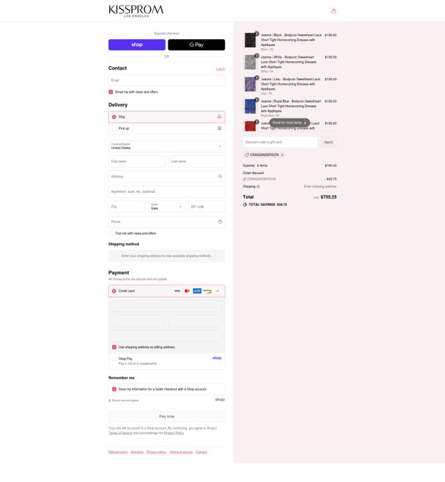 Kiss Prom checkout page showing Kiss Prom discount code box | Screenshot taken by SimplyCodes community member on Sep 2, 2025