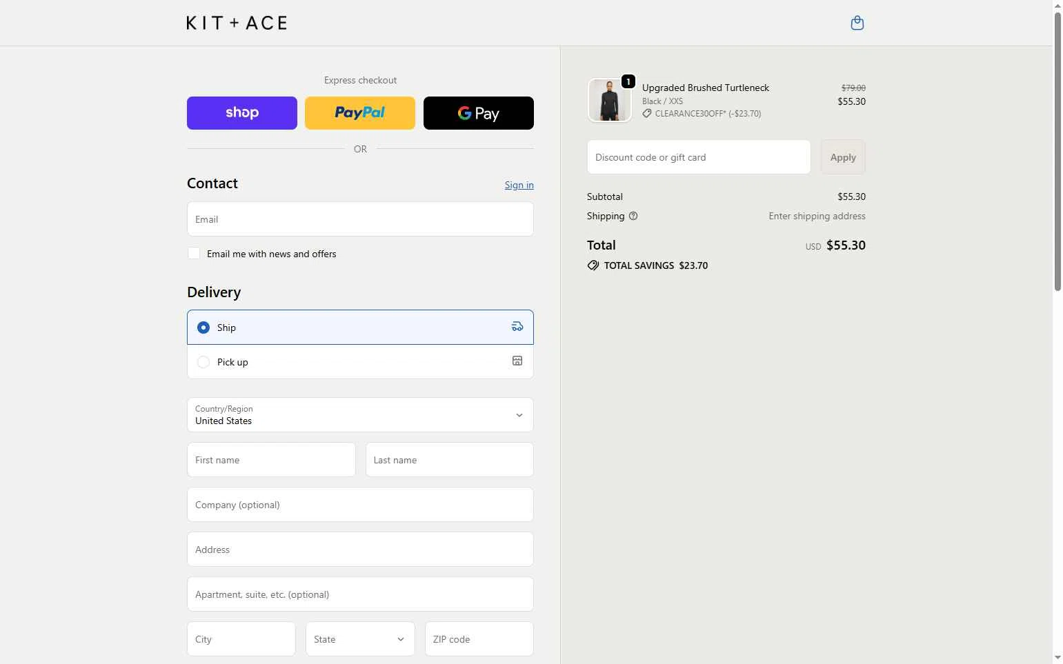 Kit and Ace checkout page showing Kit and Ace promo code box | Screenshot taken by SimplyCodes community member on Feb 4, 2026