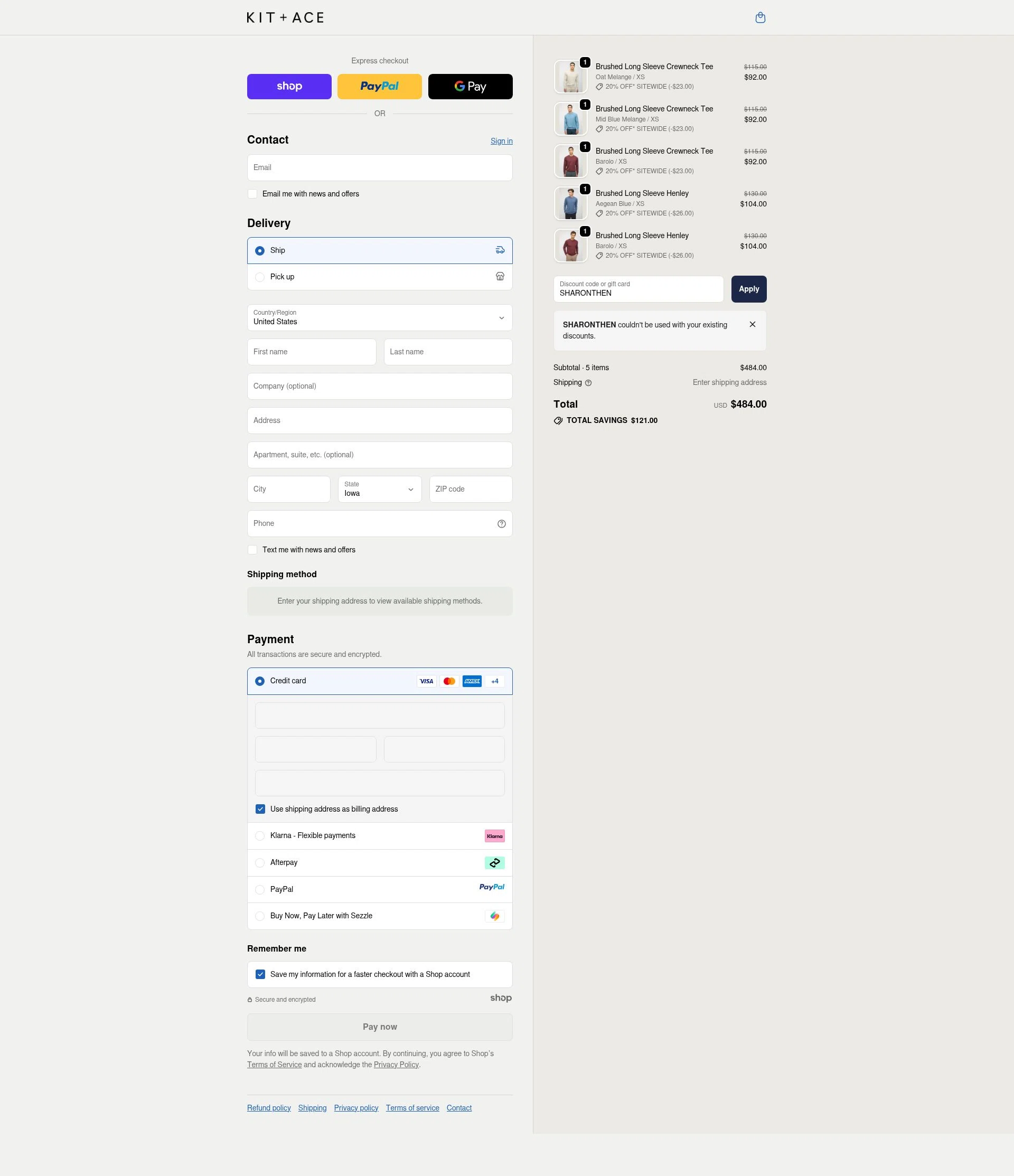 Kit and Ace checkout page showing Kit and Ace promo code box | Screenshot taken by SimplyCodes community member on Oct 15, 2025