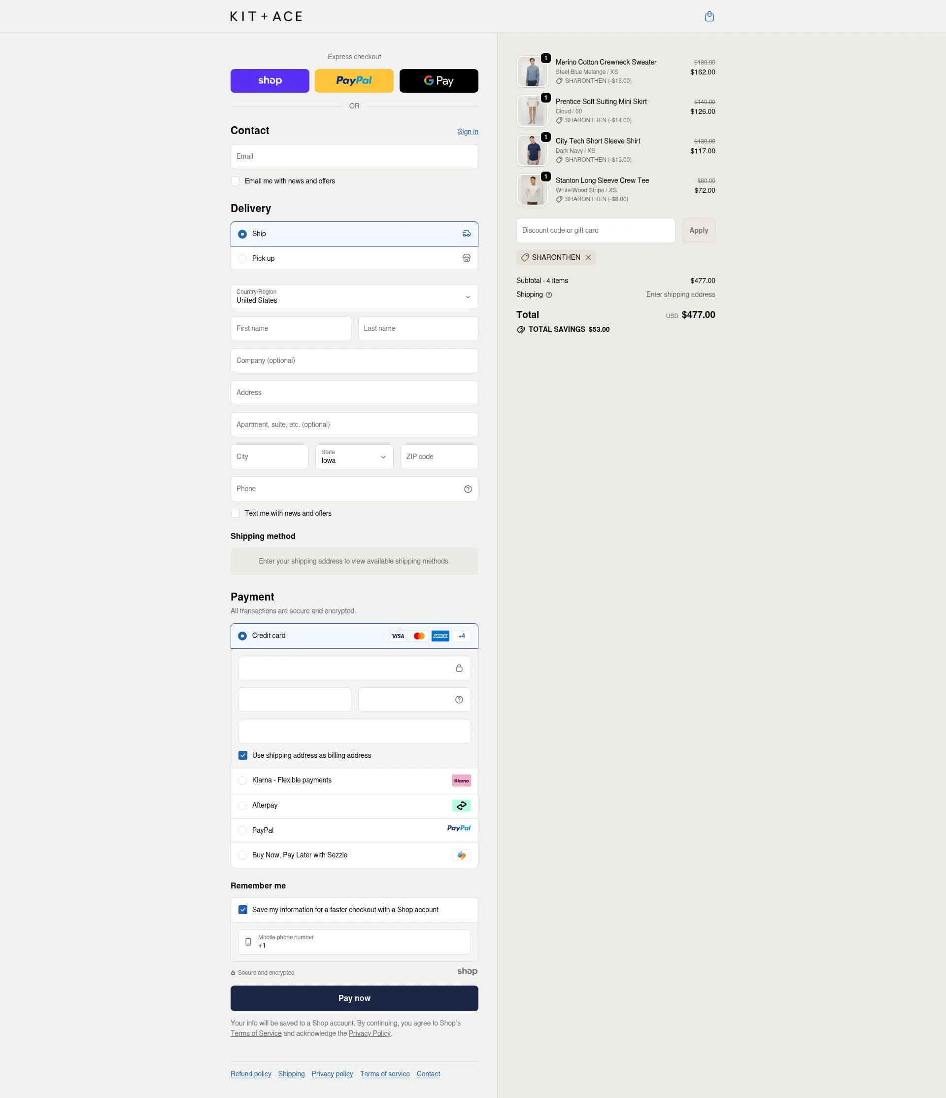 Kit and Ace checkout page showing Kit and Ace promo code box | Screenshot taken by SimplyCodes community member on Oct 12, 2025