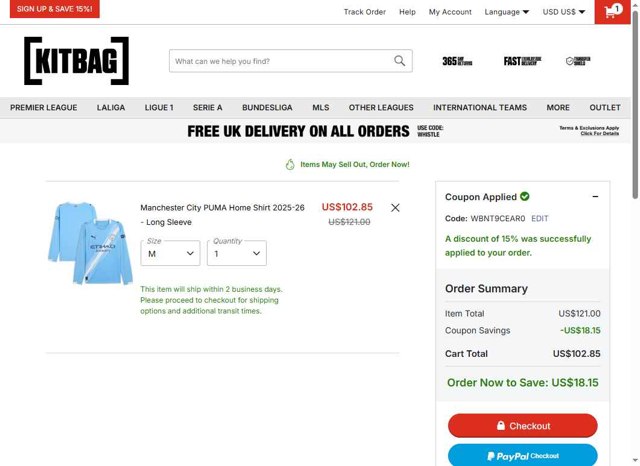 Kitbag checkout page showing Kitbag discount code box | Screenshot taken by SimplyCodes community member on Jul 16, 2025