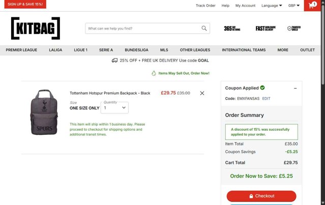 Kitbag checkout page showing Kitbag discount code box | Screenshot taken by SimplyCodes community member on Aug 1, 2025