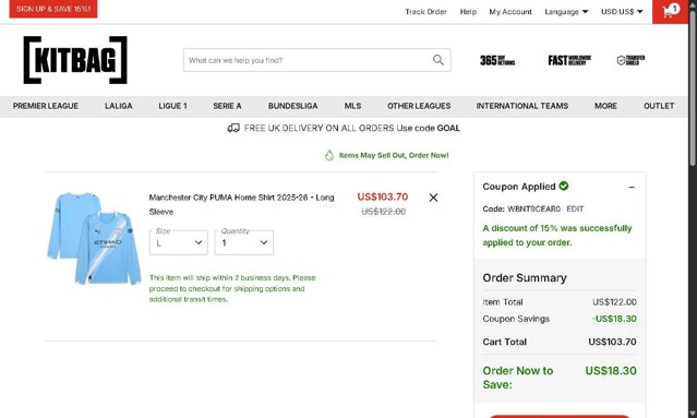 Kitbag checkout page showing Kitbag discount code box | Screenshot taken by SimplyCodes community member on Aug 21, 2025