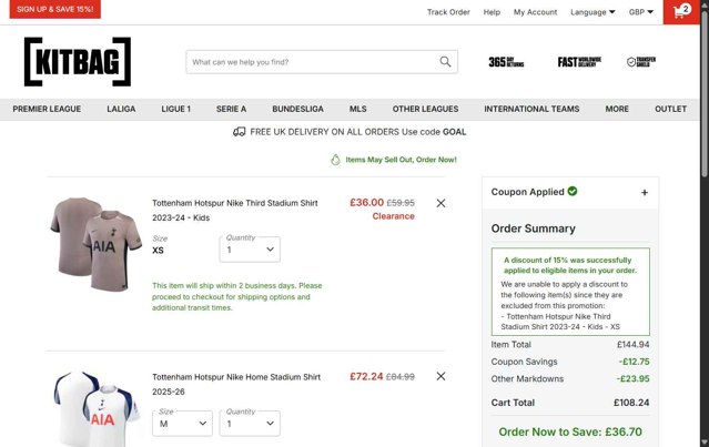 Kitbag checkout page showing Kitbag discount code box | Screenshot taken by SimplyCodes community member on Aug 26, 2025