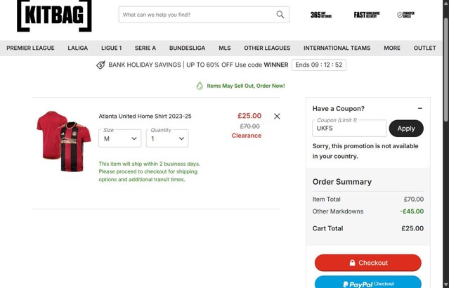 Kitbag checkout page showing Kitbag discount code box | Screenshot taken by SimplyCodes community member on Aug 25, 2025