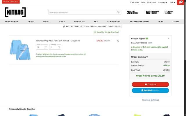 Kitbag checkout page showing Kitbag discount code box | Screenshot taken by SimplyCodes community member on Jul 28, 2025