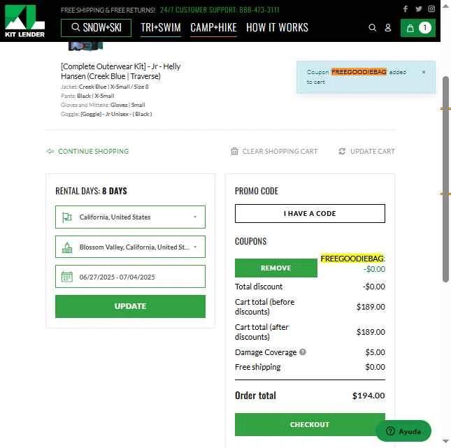 Kit Lender checkout page showing Kit Lender promo code box | Screenshot taken by SimplyCodes community member on May 22, 2025