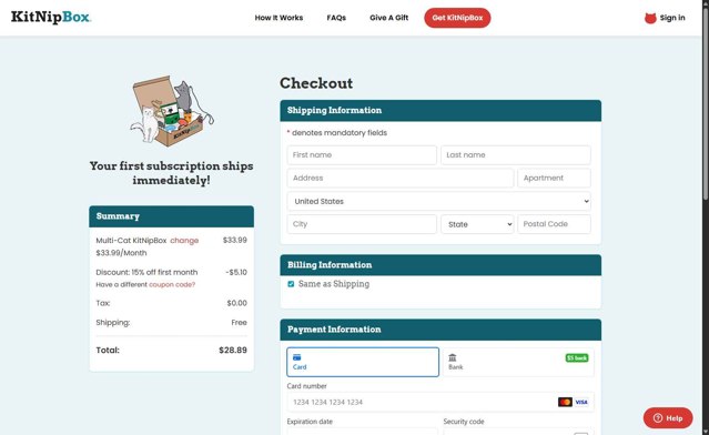 KitNipBox checkout page showing KitNipBox coupon code box | Screenshot taken by SimplyCodes community member on Aug 3, 2025