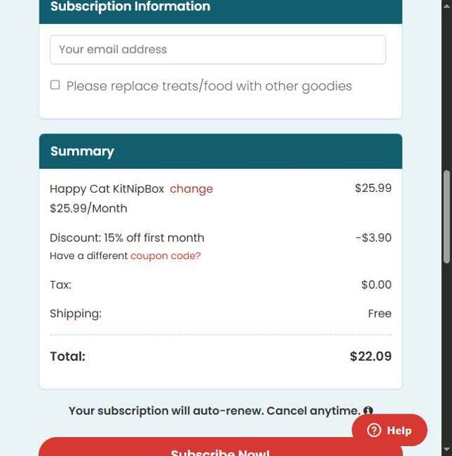 KitNipBox checkout page showing KitNipBox coupon code box | Screenshot taken by SimplyCodes community member on Aug 14, 2025