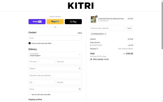Kitri Studio checkout page showing Kitri Studio discount code box | Screenshot taken by SimplyCodes community member on Jul 30, 2025