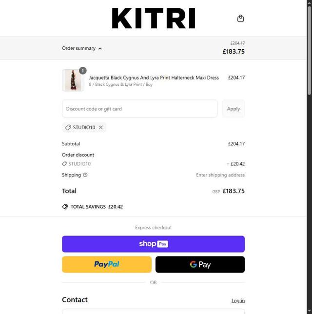 Kitri Studio checkout page showing Kitri Studio discount code box | Screenshot taken by SimplyCodes community member on May 8, 2025