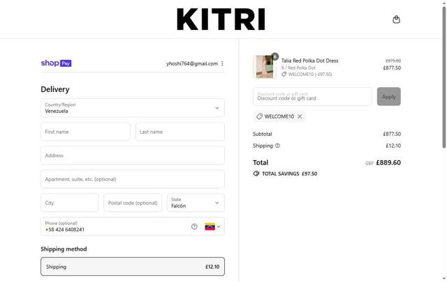 Kitri Studio checkout page showing Kitri Studio discount code box | Screenshot taken by SimplyCodes community member on Jul 31, 2025