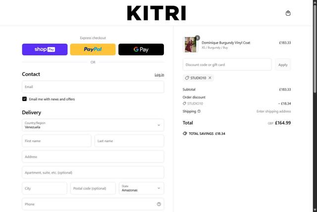 Kitri Studio checkout page showing Kitri Studio discount code box | Screenshot taken by SimplyCodes community member on May 8, 2025