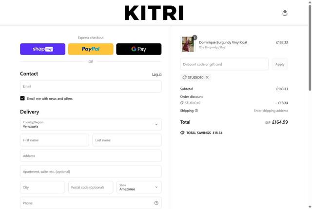 Kitri Studio checkout page showing Kitri Studio discount code box | Screenshot taken by SimplyCodes community member on May 8, 2025