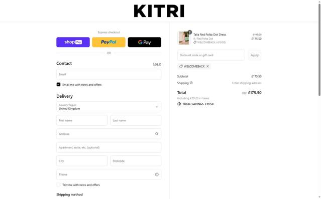 Kitri Studio checkout page showing Kitri Studio discount code box | Screenshot taken by SimplyCodes community member on Jul 31, 2025