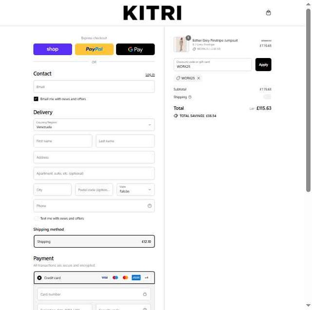 Kitri Studio checkout page showing Kitri Studio discount code box | Screenshot taken by SimplyCodes community member on Sep 4, 2025