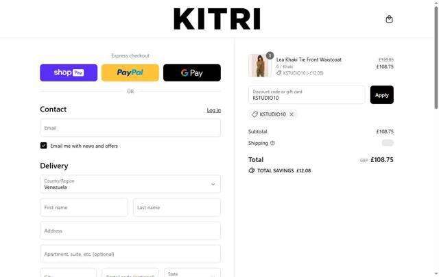 Kitri Studio checkout page showing Kitri Studio discount code box | Screenshot taken by SimplyCodes community member on Jul 31, 2025