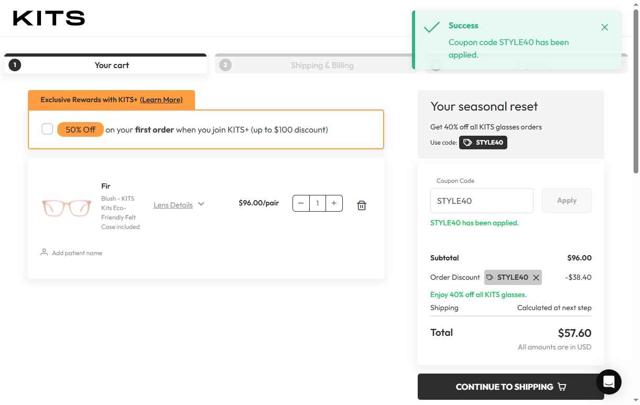 Kits checkout page showing Kits coupon code box | Screenshot taken by SimplyCodes community member on Sep 12, 2025