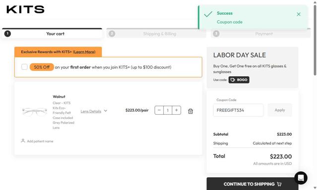 Kits checkout page showing Kits coupon code box | Screenshot taken by SimplyCodes community member on Sep 3, 2025
