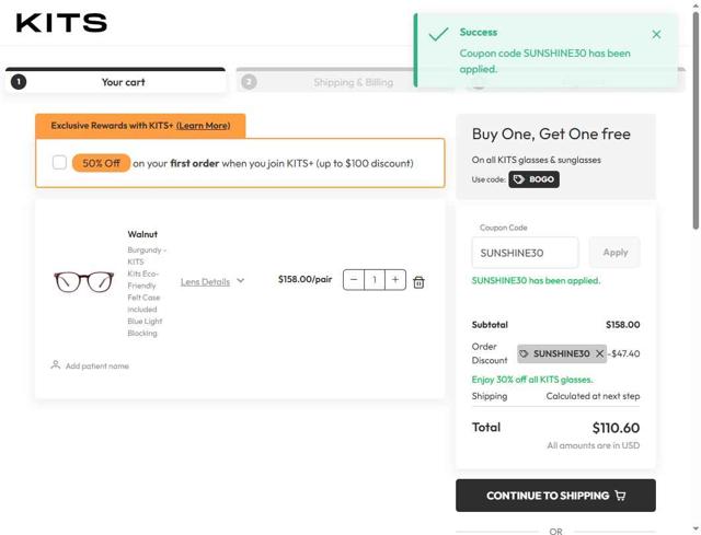 Kits checkout page showing Kits coupon code box | Screenshot taken by SimplyCodes community member on Sep 10, 2025