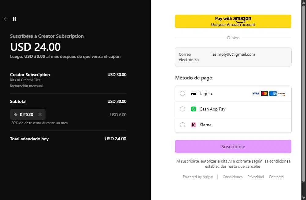 Kits AI checkout page showing Kits AI promo code box | Screenshot taken by SimplyCodes community member on Aug 17, 2025