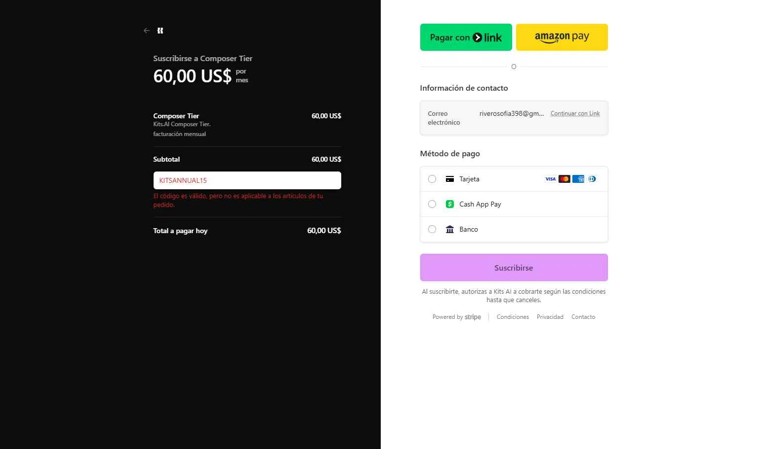 Kits AI checkout page showing Kits AI promo code box | Screenshot taken by SimplyCodes community member on Jan 12, 2026
