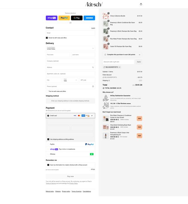Kitsch checkout page showing Kitsch coupon code box | Screenshot taken by SimplyCodes community member on Aug 6, 2025
