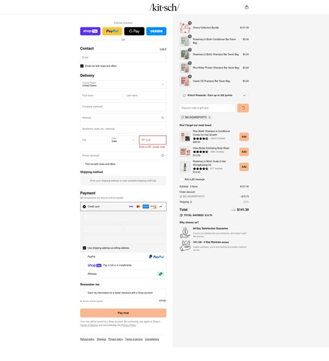 Kitsch checkout page showing Kitsch coupon code box | Screenshot taken by SimplyCodes community member on Aug 5, 2025