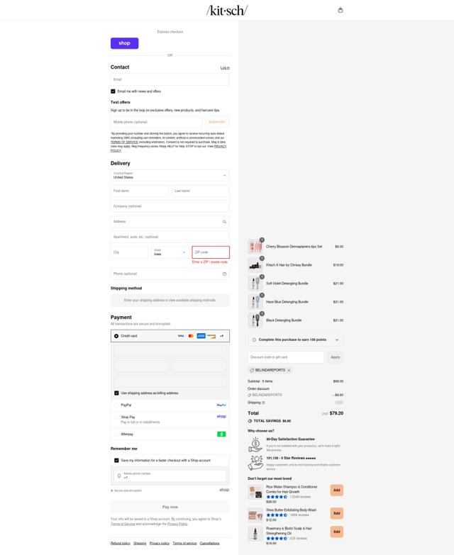 Kitsch checkout page showing Kitsch coupon code box | Screenshot taken by SimplyCodes community member on Sep 7, 2025