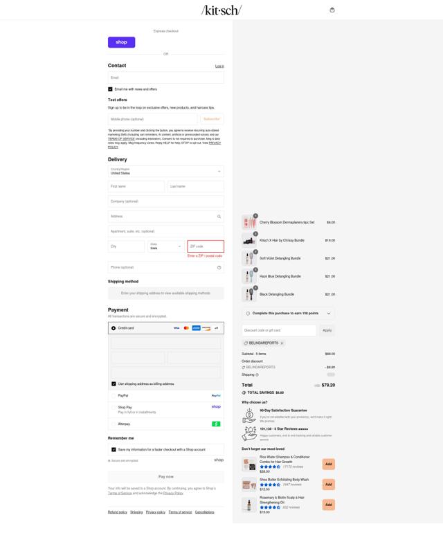 Kitsch checkout page showing Kitsch coupon code box | Screenshot taken by SimplyCodes community member on Aug 30, 2025