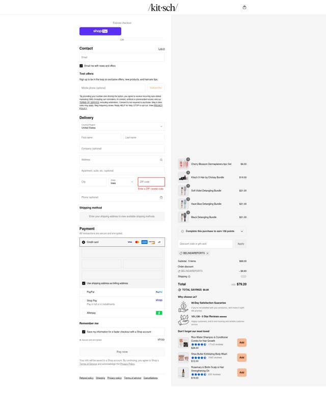 Kitsch checkout page showing Kitsch coupon code box | Screenshot taken by SimplyCodes community member on Aug 27, 2025