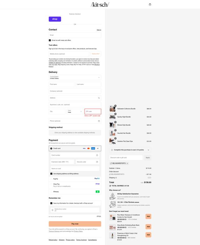 Kitsch checkout page showing Kitsch coupon code box | Screenshot taken by SimplyCodes community member on Sep 12, 2025