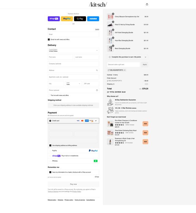 Kitsch checkout page showing Kitsch coupon code box | Screenshot taken by SimplyCodes community member on Aug 10, 2025