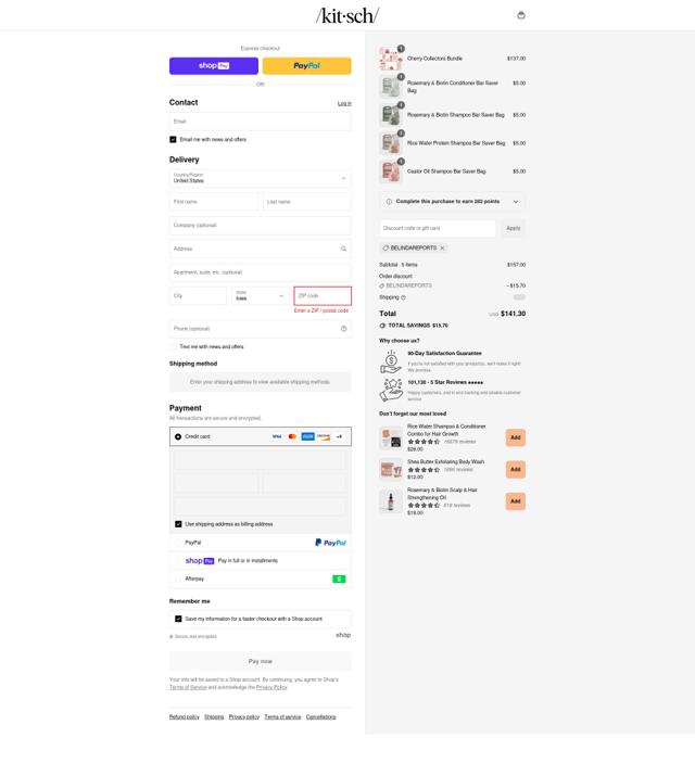 Kitsch checkout page showing Kitsch coupon code box | Screenshot taken by SimplyCodes community member on Aug 7, 2025